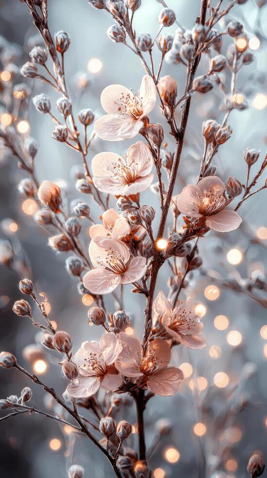 Peach blossoms, winter light, blurred bokeh background, spring arrival, nature beauty photo