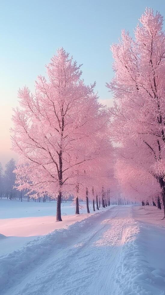 Pink frosted trees line snowy road at dawn winter wonderland scene, ideal for calendars photo