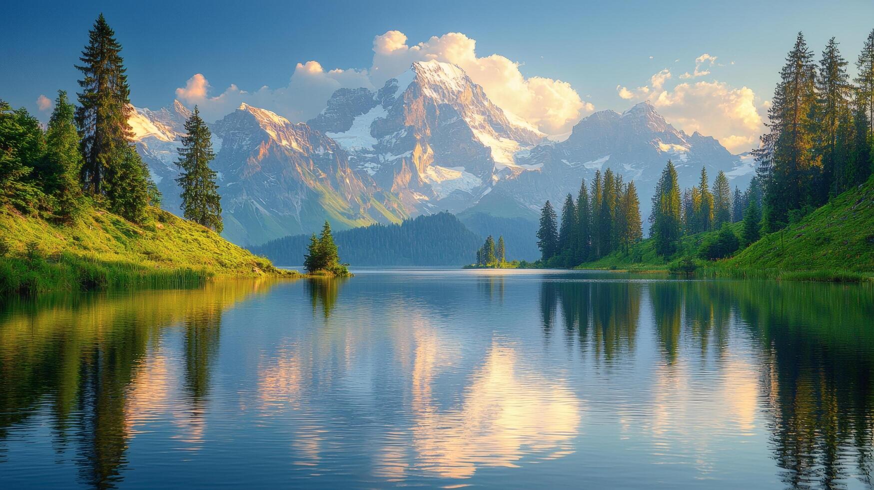 Mountains and trees are reflected in a lake photo
