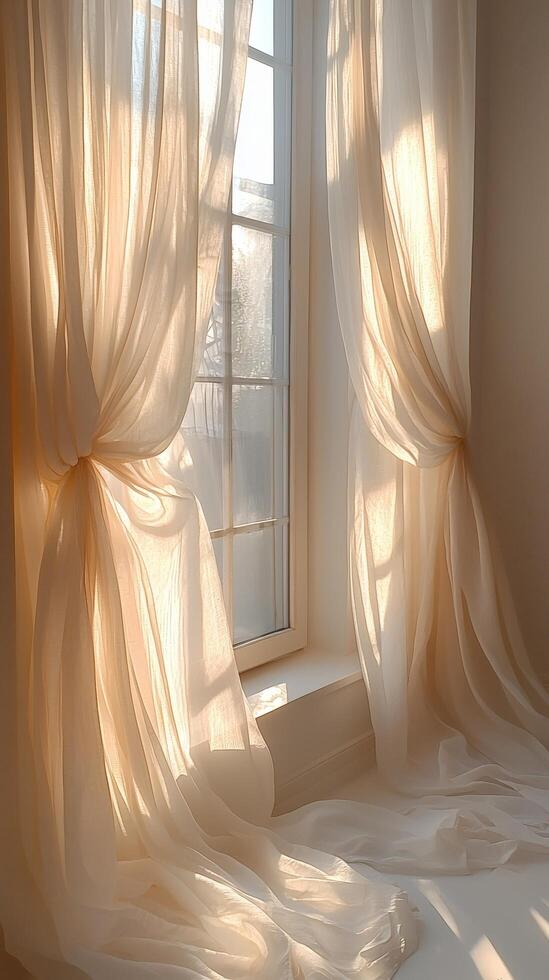 Sunlit curtains by window, room interior, morning light photo