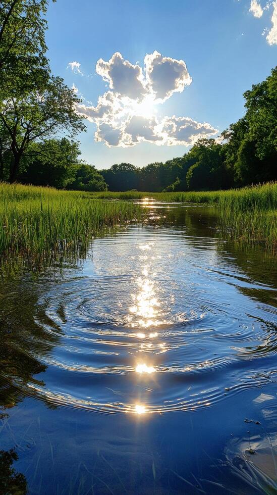 Calm river reflecting sunlight, lush green banks, summer day, nature serenity photo