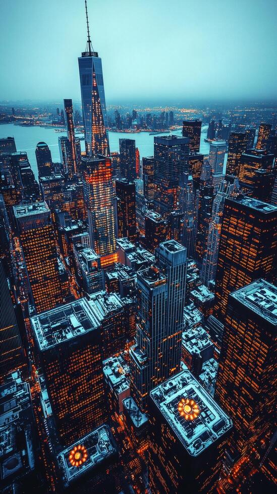 NYC skyline twilight aerial view, snow-dusted buildings, harbor, city lights. Stock photo