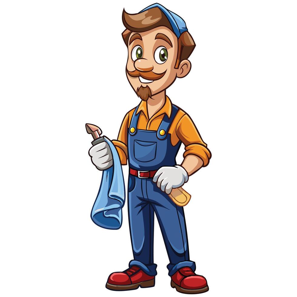 Professional Male Cleaner Cartoon - Janitor Character with Cleaning Equipment vector