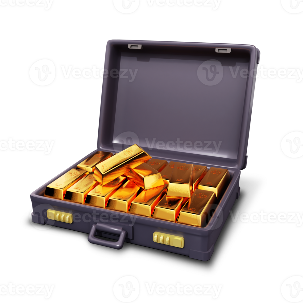 Gold bars in briefcase isolated on transparent background. 3D rendering illustration png