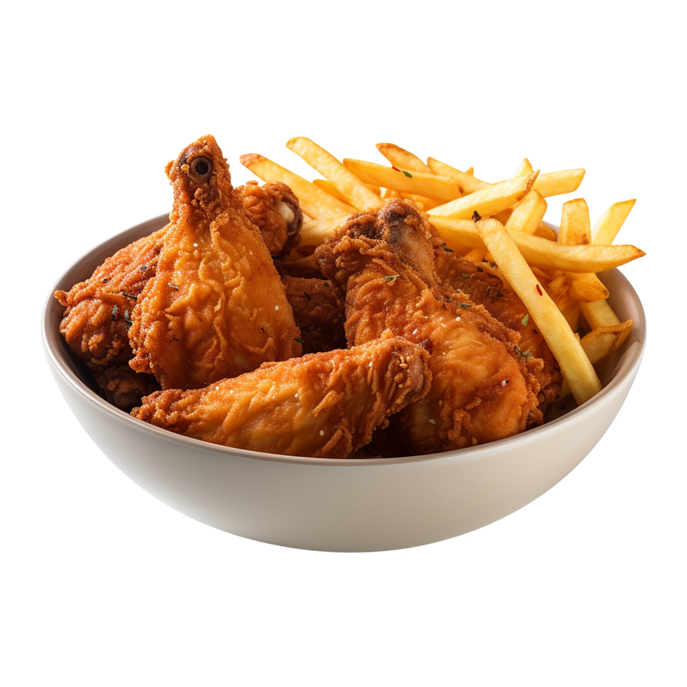Tasty crispy fried chicken and fries combo on transparent background png