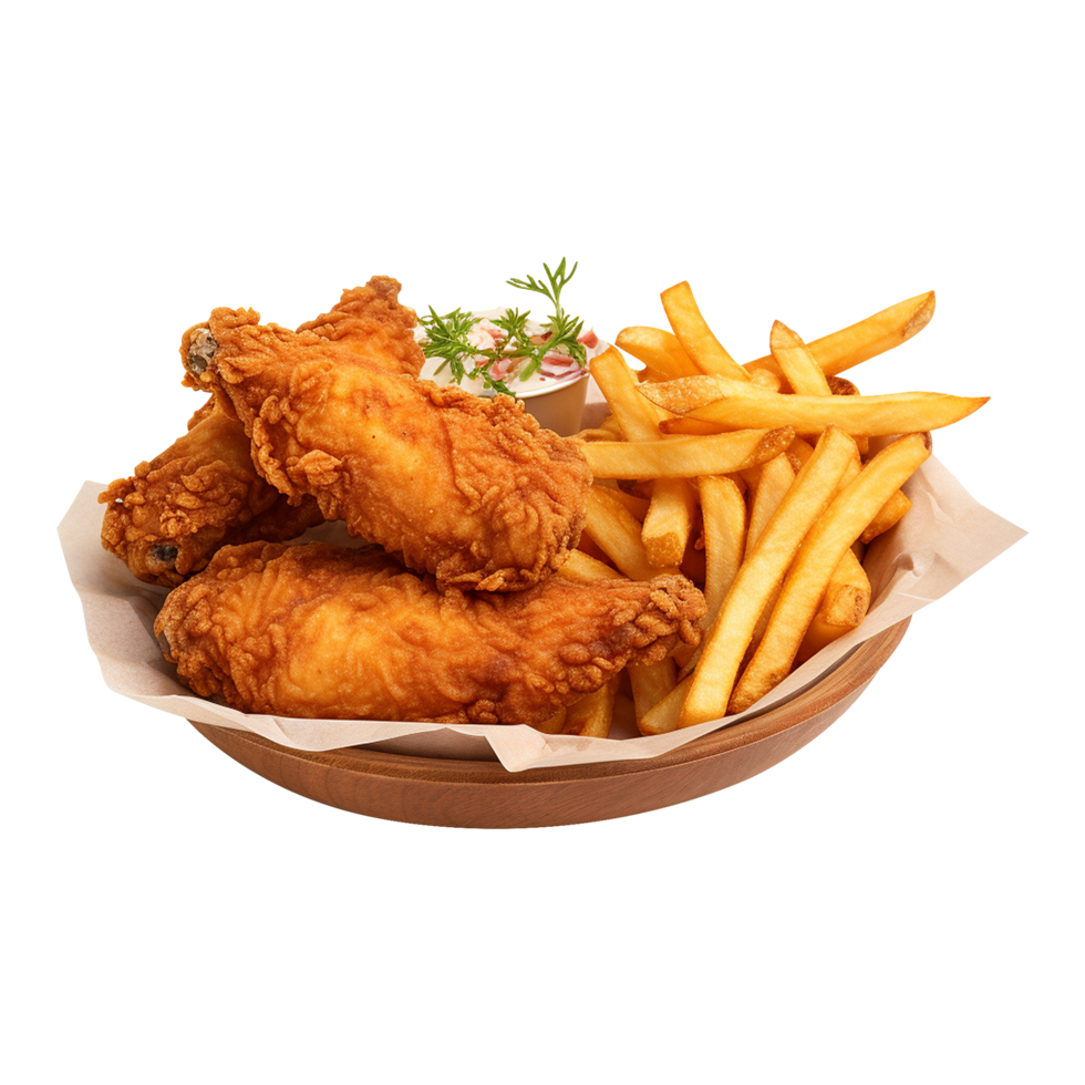 Delicious fried chicken and crispy fries meal on transparent background png
