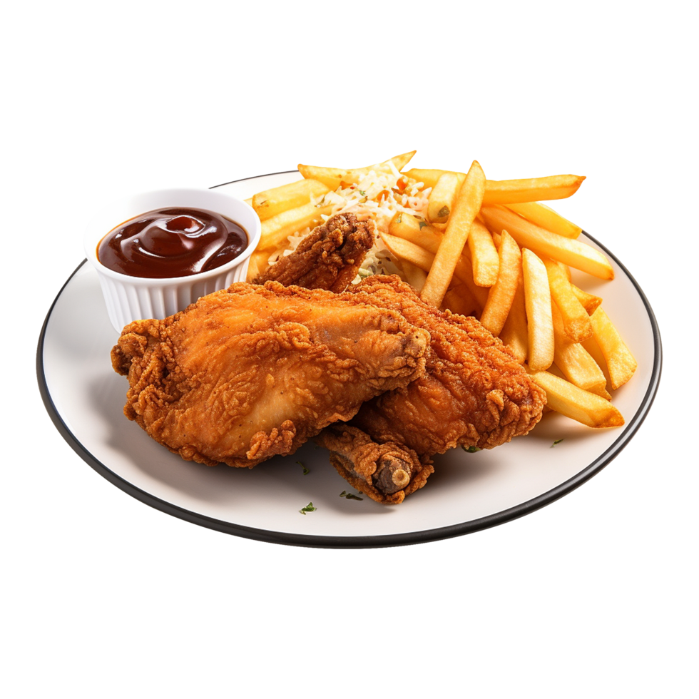Deep fried crispy chicken with crunchy fries on transparent background png