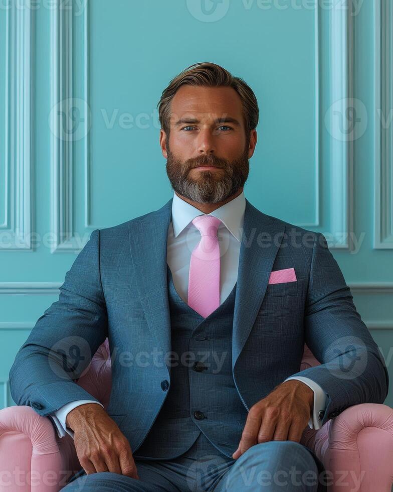 Confident man in suit, seated, pastel background, professional portrait photo