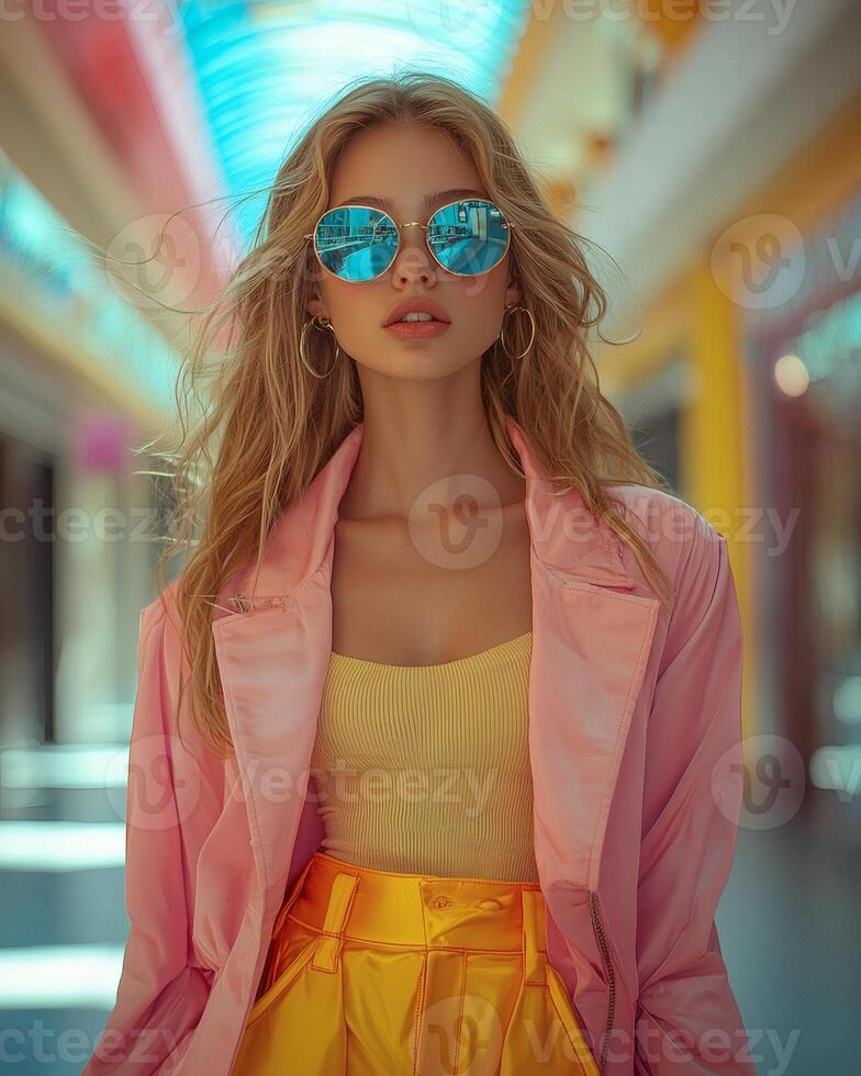 Stylish blonde woman in pink jacket, mall background, fashion shoot photo