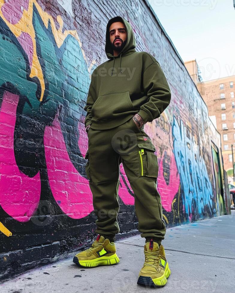 Man in olive green tracksuit poses against graffiti wall photo