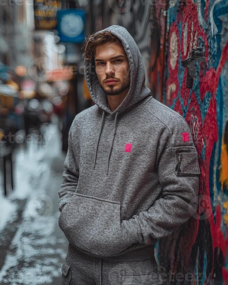 Man in grey hoodie, urban alley, graffiti background, fashion shoot photo