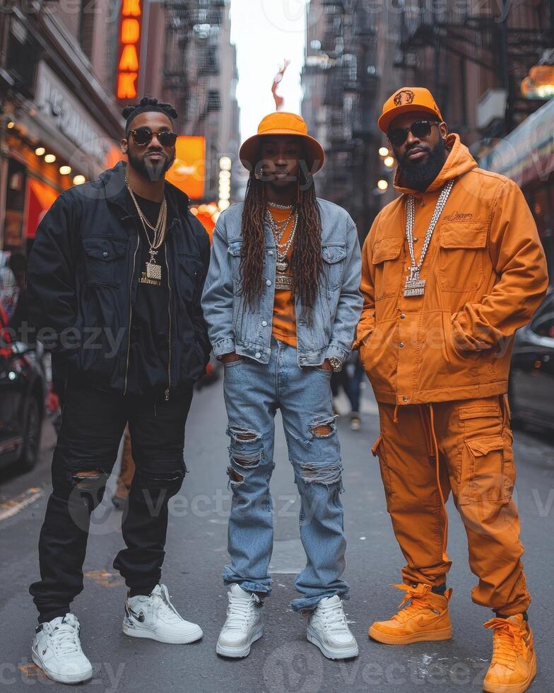 City street, three men posing, urban background, fashion shoot photo