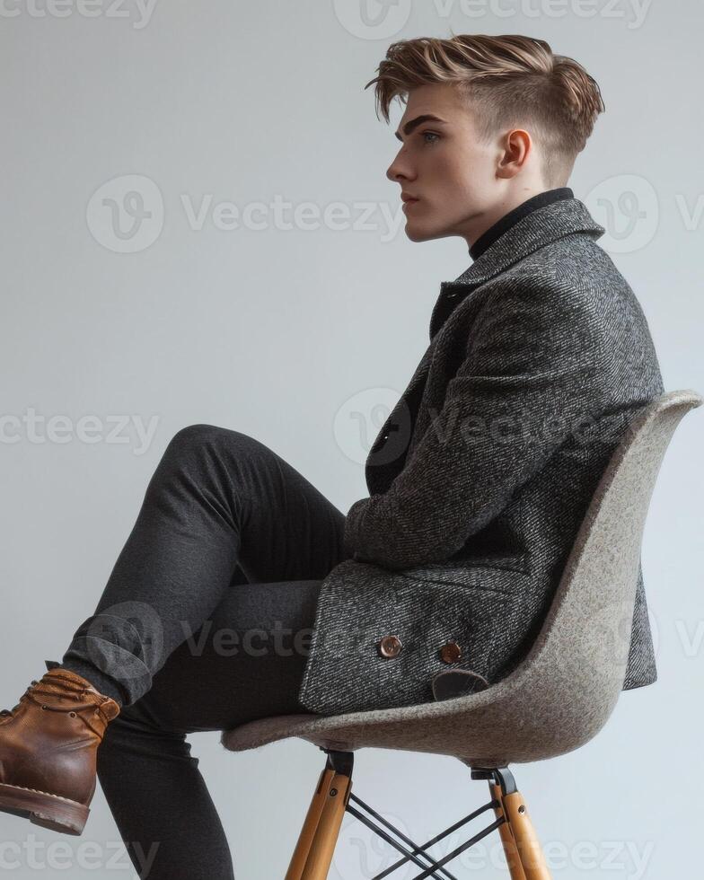 Stylish young man sitting, profile view, studio photo