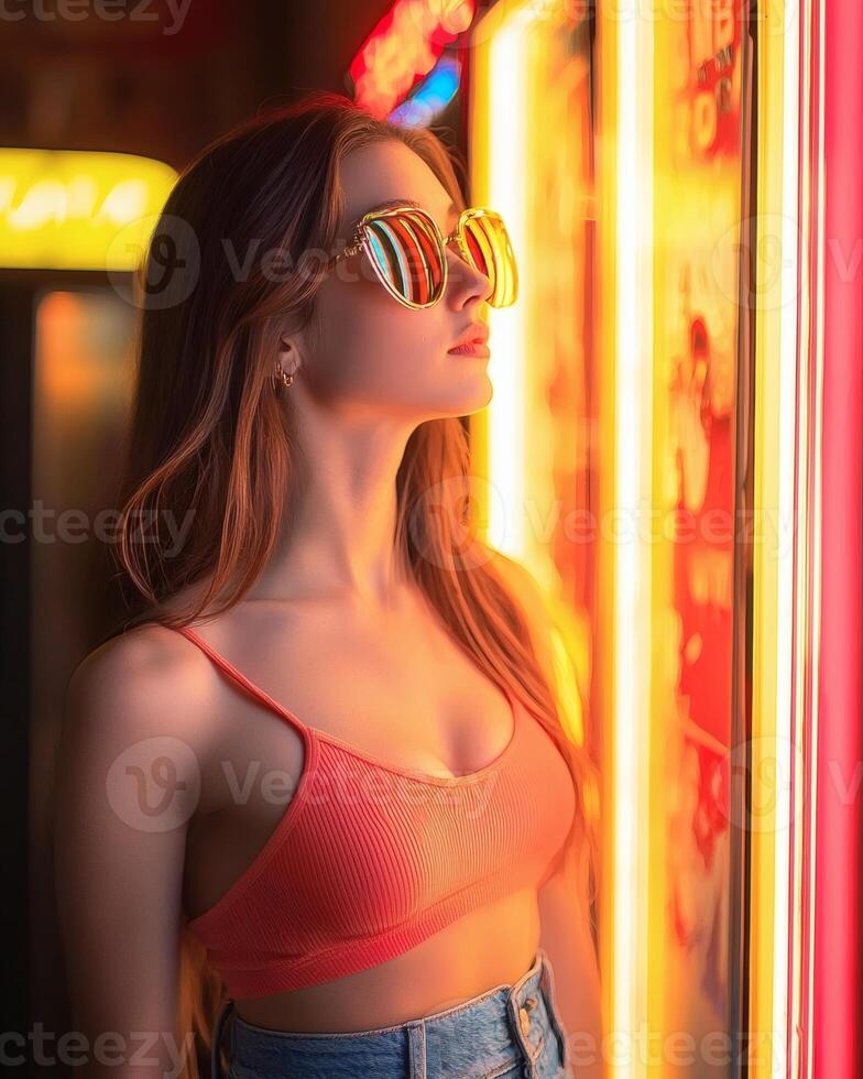 Woman in sunglasses, city night, neon lights, urban scene, lifestyle portrait photo