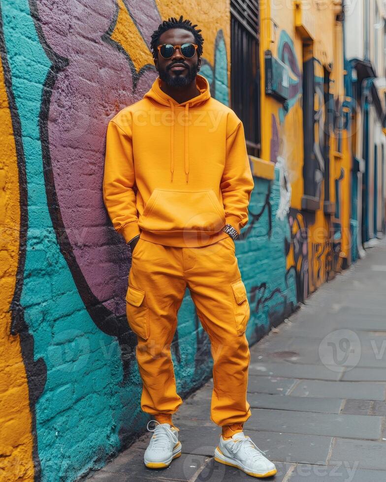 Man in yellow hoodie, urban alley, graffiti background, fashion shoot photo