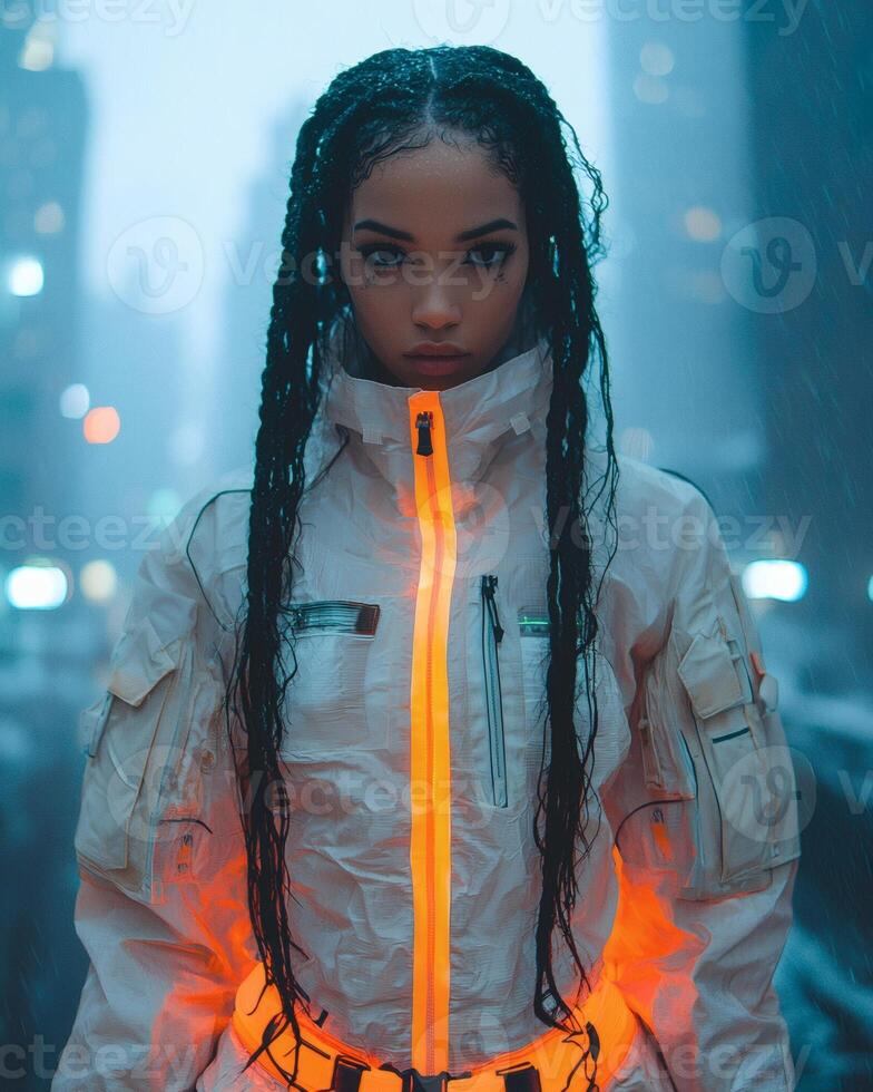 Woman, futuristic jacket, city rain, night. Cyberpunk fashion photo