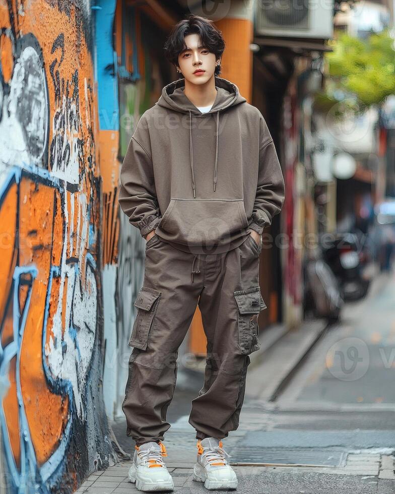 Stylish man in hoodie, urban street, graffiti wall, city background, fashion editorial photo