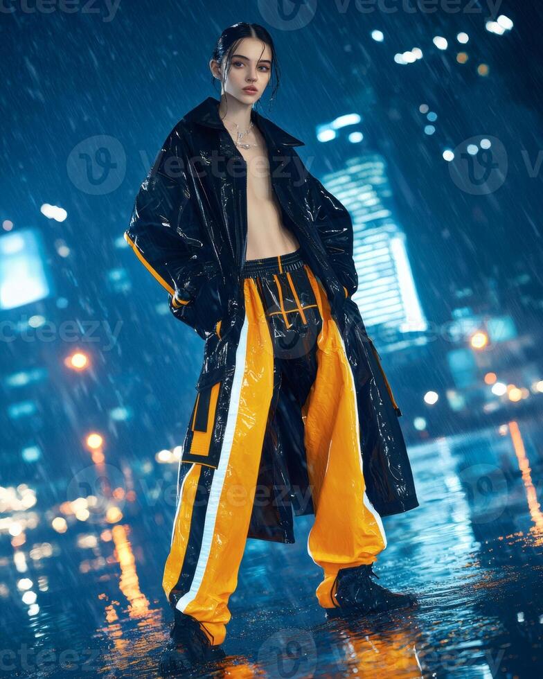 Rainy night city fashion model pose photo
