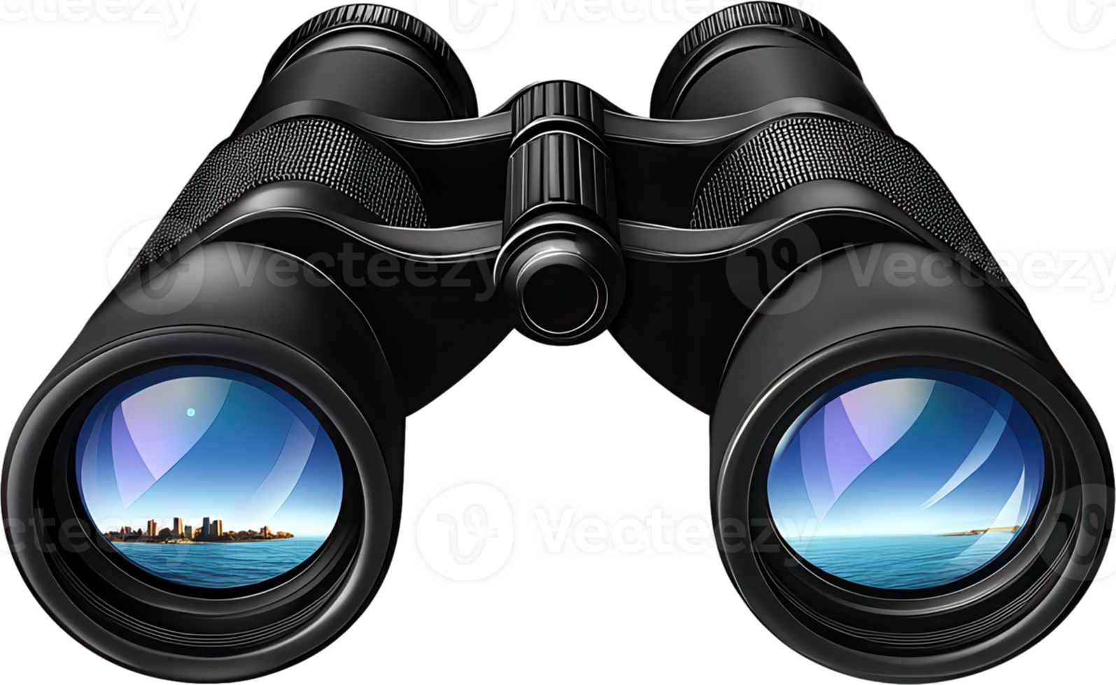 Close-up of black binoculars with lenses reflecting a scenic coastal skyline, blue sky, and ocean horizon. Symbolizes exploration. png