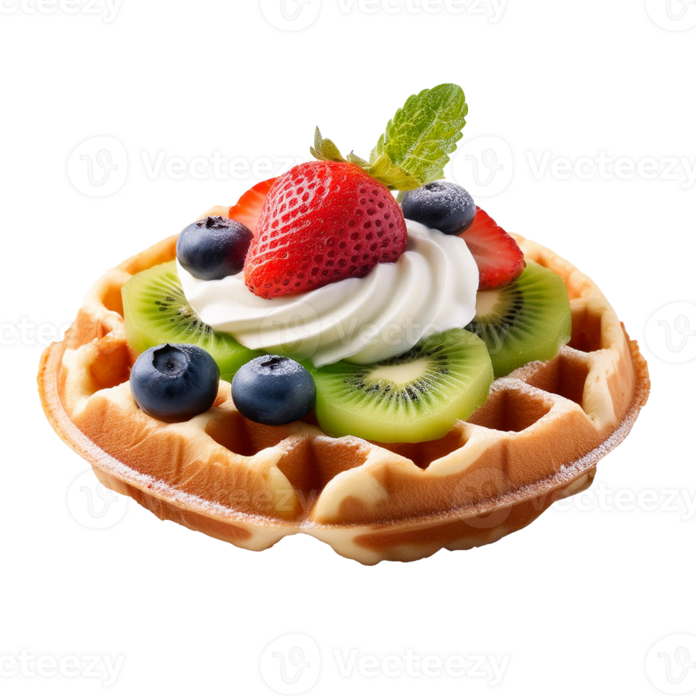 Waffle Topped with Strawberry Kiwi Blueberry and Cream png