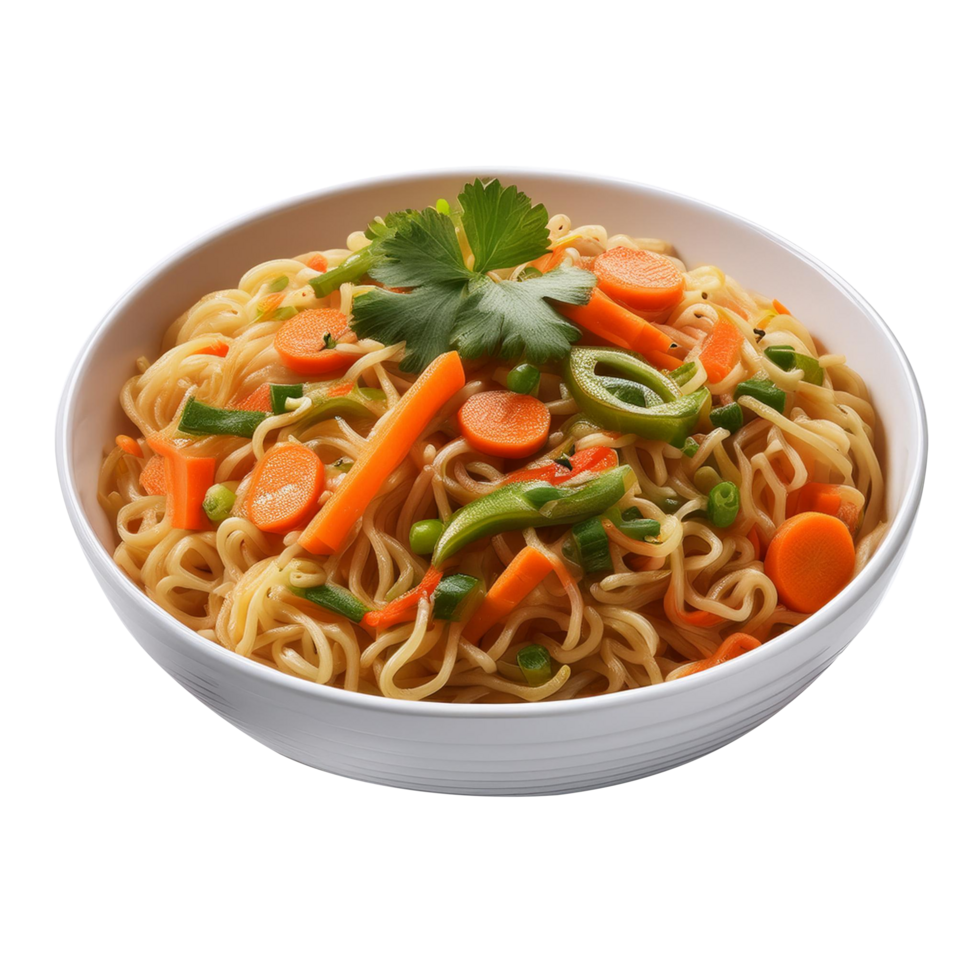 Noodles with vegetables and carrots on a white plate transparent background png