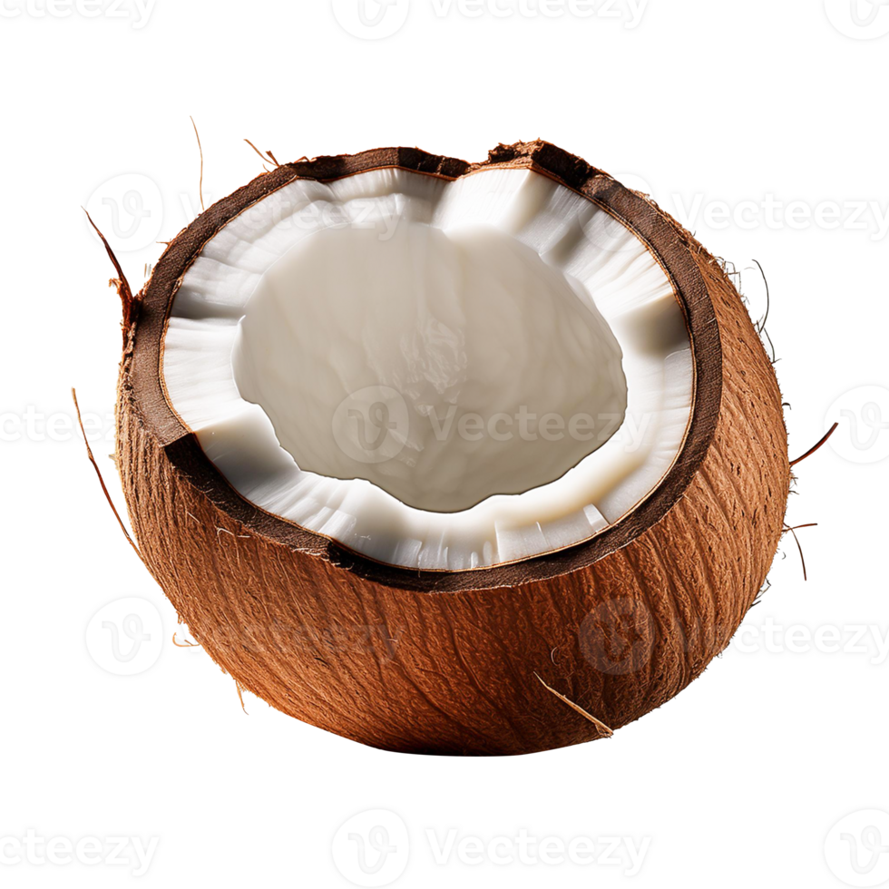 A realistic coconut is cut open on a transparent background png