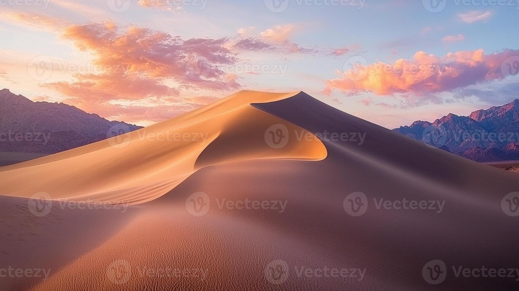 A desert sand dune at sunset with mountains in the background photo