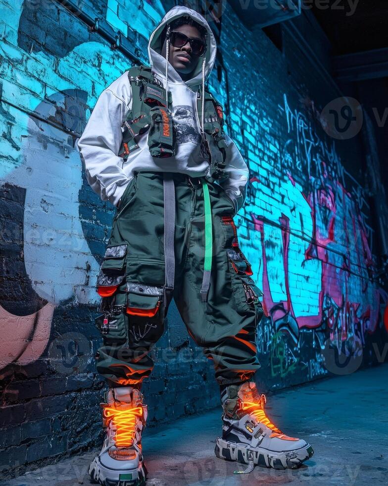 Urban Fashion Model Posing, Graffiti Alley, Night photo