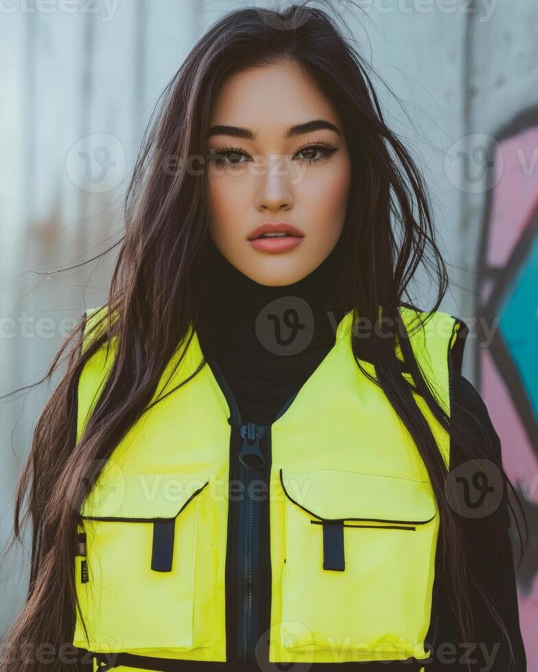 Woman, urban, street, portrait, yellow vest, graffiti background, fashion photo