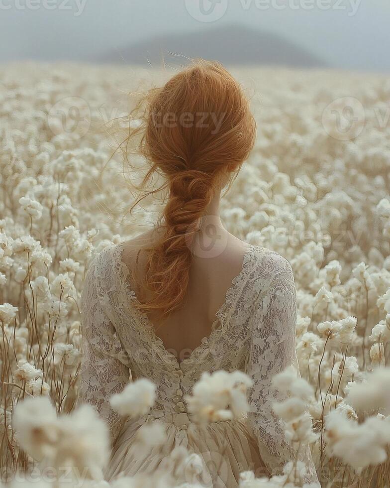 Woman in white dress, red hair, cotton field, landscape background romantic imagery photo