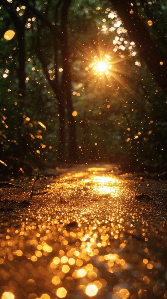 Sunlit forest stream, magical bokeh, nature tranquility, background for fantasy, ideal for websites photo