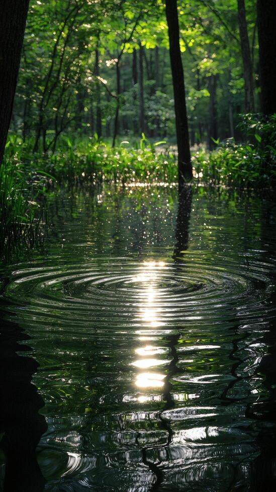 Sunlit swamp forest, tranquil water ripples, nature scene, serene background, ideal for relaxation photo