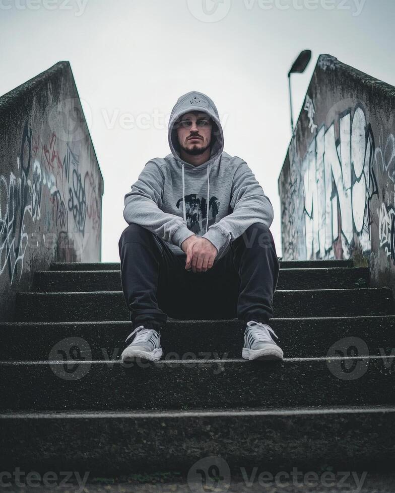 Man sits on urban stairs, graffiti background, contemplative pose, stock photo