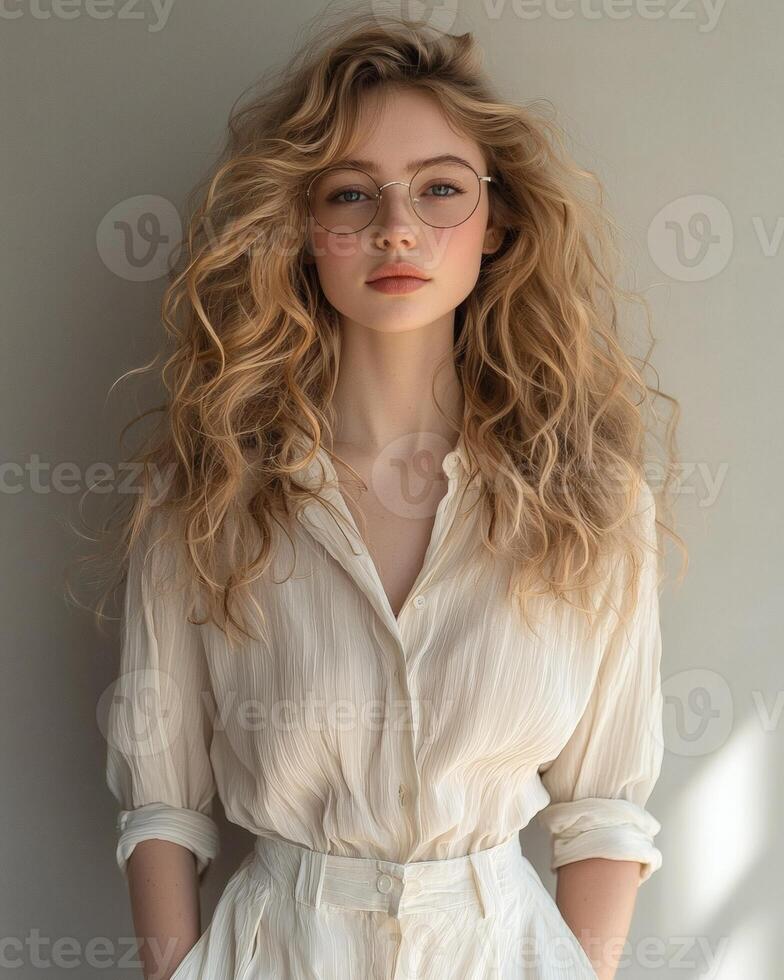 Blonde woman, curly hair, glasses, studio portrait, simple background, fashion editorial photo