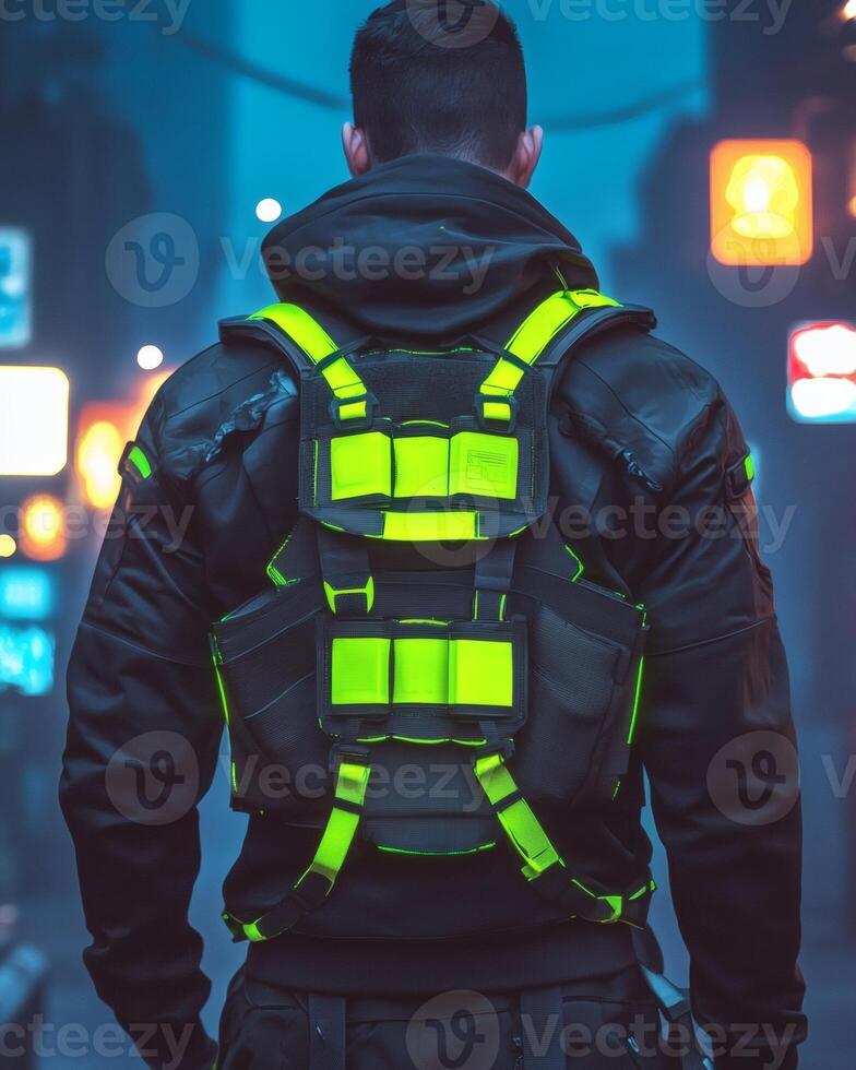 Man, city, night, vest, walking, urban, blurred background, security, stock photo