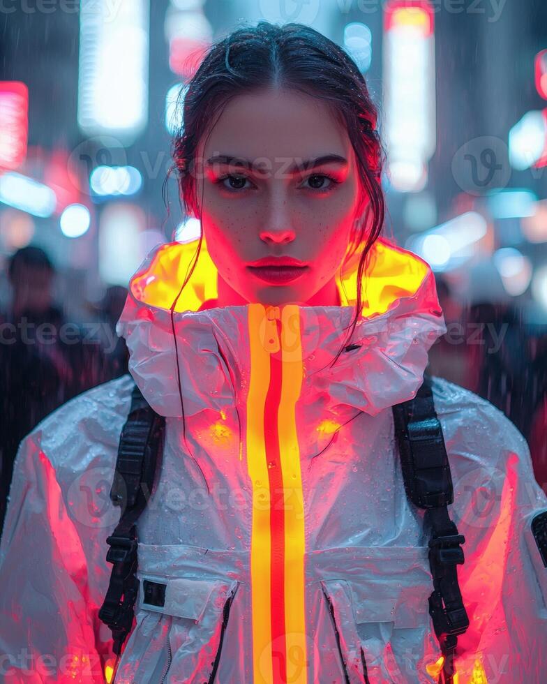 Woman, neon jacket, city night, crowd, futuristic fashion photo