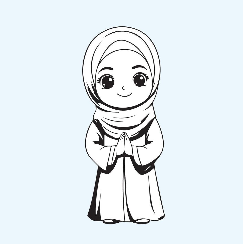 Adorable cartoon Muslim girl wearing a hijab and greeting politely Perfect for children's books greeting cards or Islamic celebrations. vector