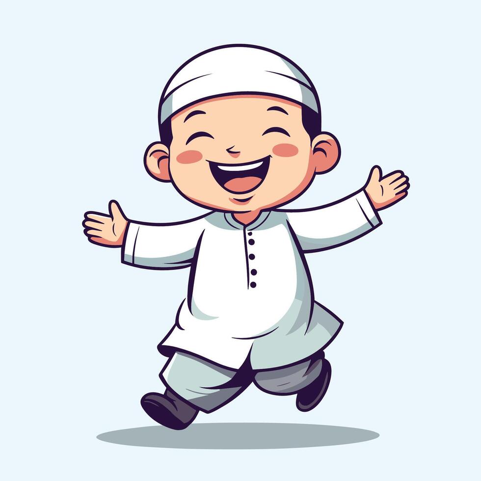 A cheerful cartoon illustration of a Muslim boy joyfully running, perfect for children's books, websites, or greeting cards. vector