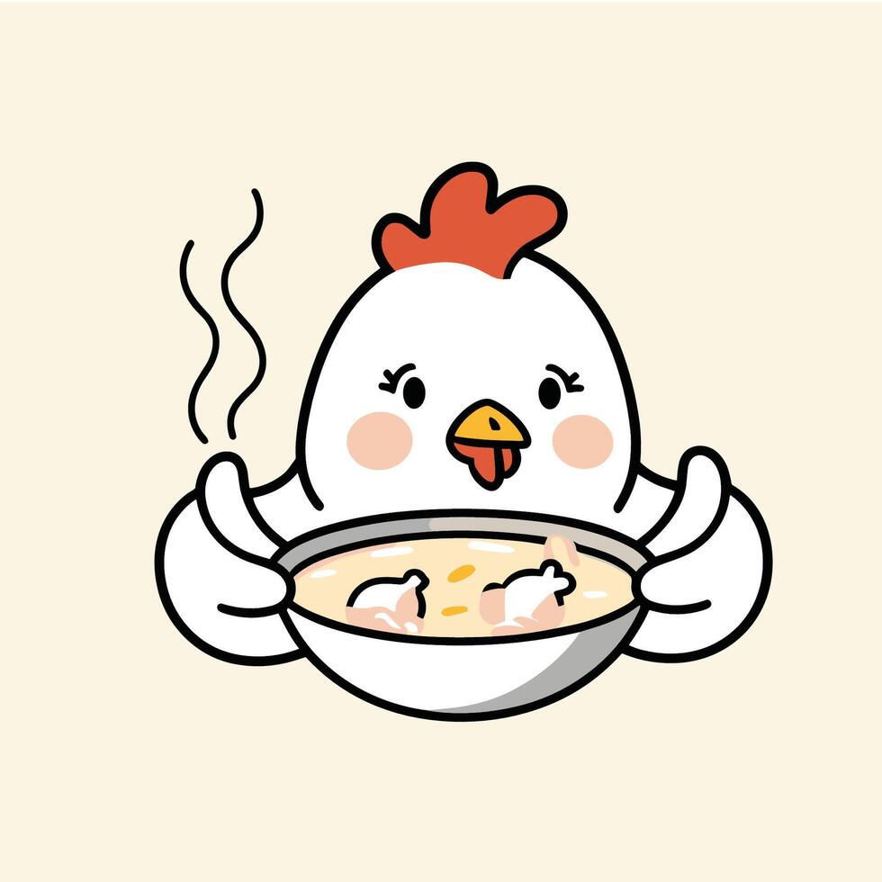 Cute Chicken Character Holding Soup Bowl vector