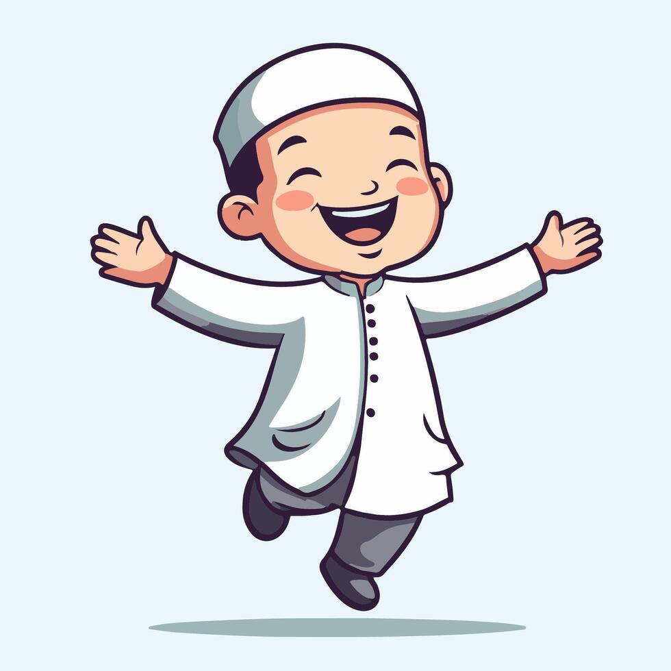 Happy cartoon illustration of a Muslim boy joyfully jumping Perfect for children's books, websites, or greeting cards. vector