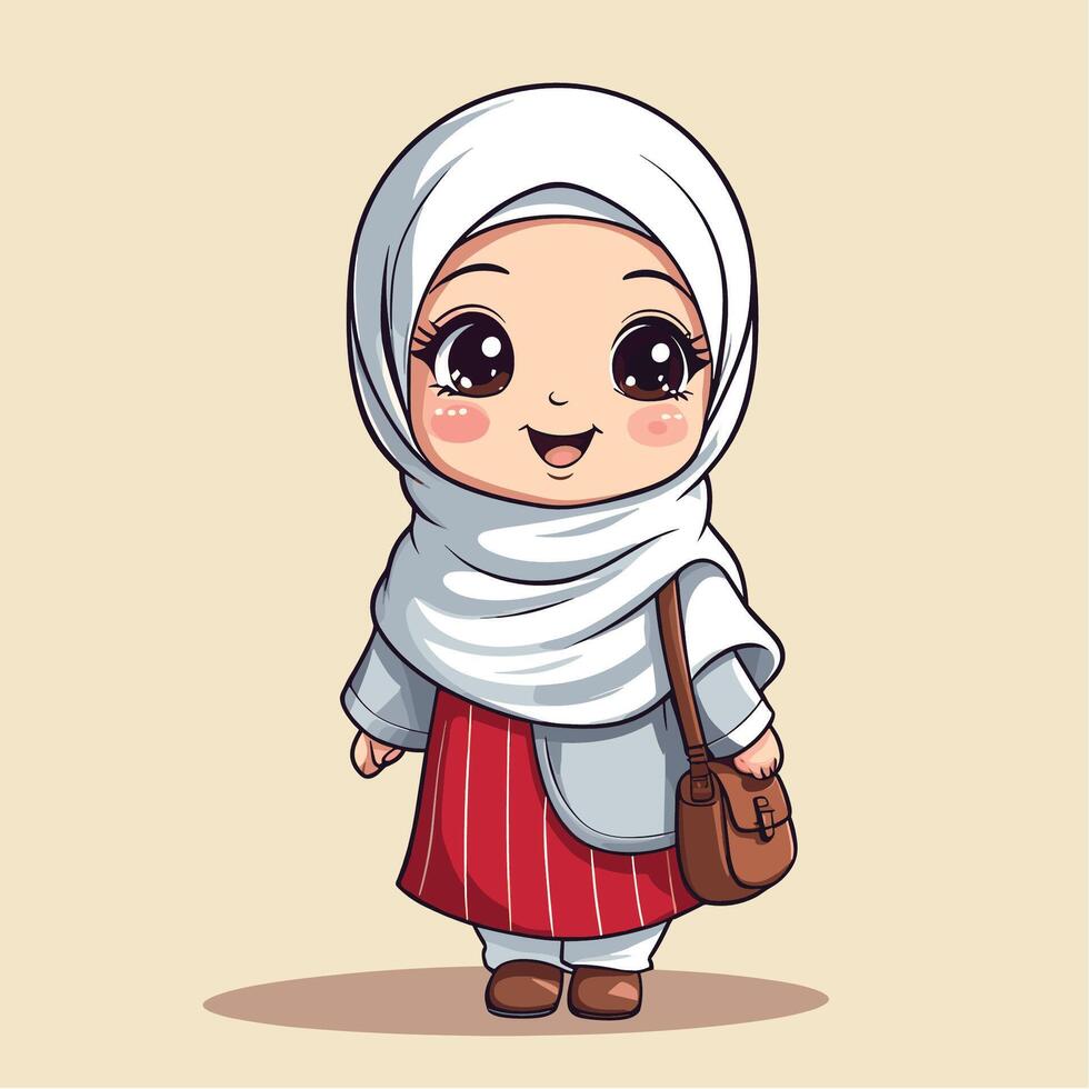 Adorable cartoon illustration of a smiling Muslim girl wearing a hijab and carrying a bag Perfect for children's books or Islamic-themed designs. vector
