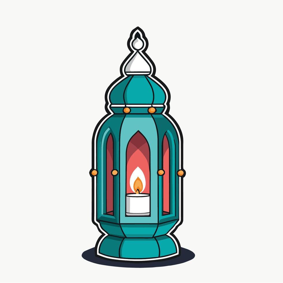 A beautiful teal Ramadan lantern with a lit candle inside perfect for your Islamic holiday designs and greetings. vector