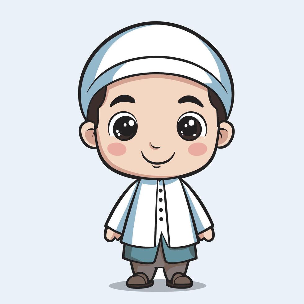 Adorable cartoon illustration of a smiling Muslim boy wearing a white thobe Perfect for children's books websites or greeting cards. vector