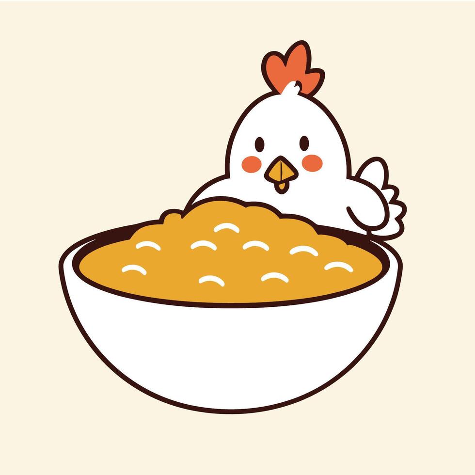 Adorable cartoon chicken peeking from a bowl of yummy chicken noodle soup Perfect for food blogs or kids menus. vector