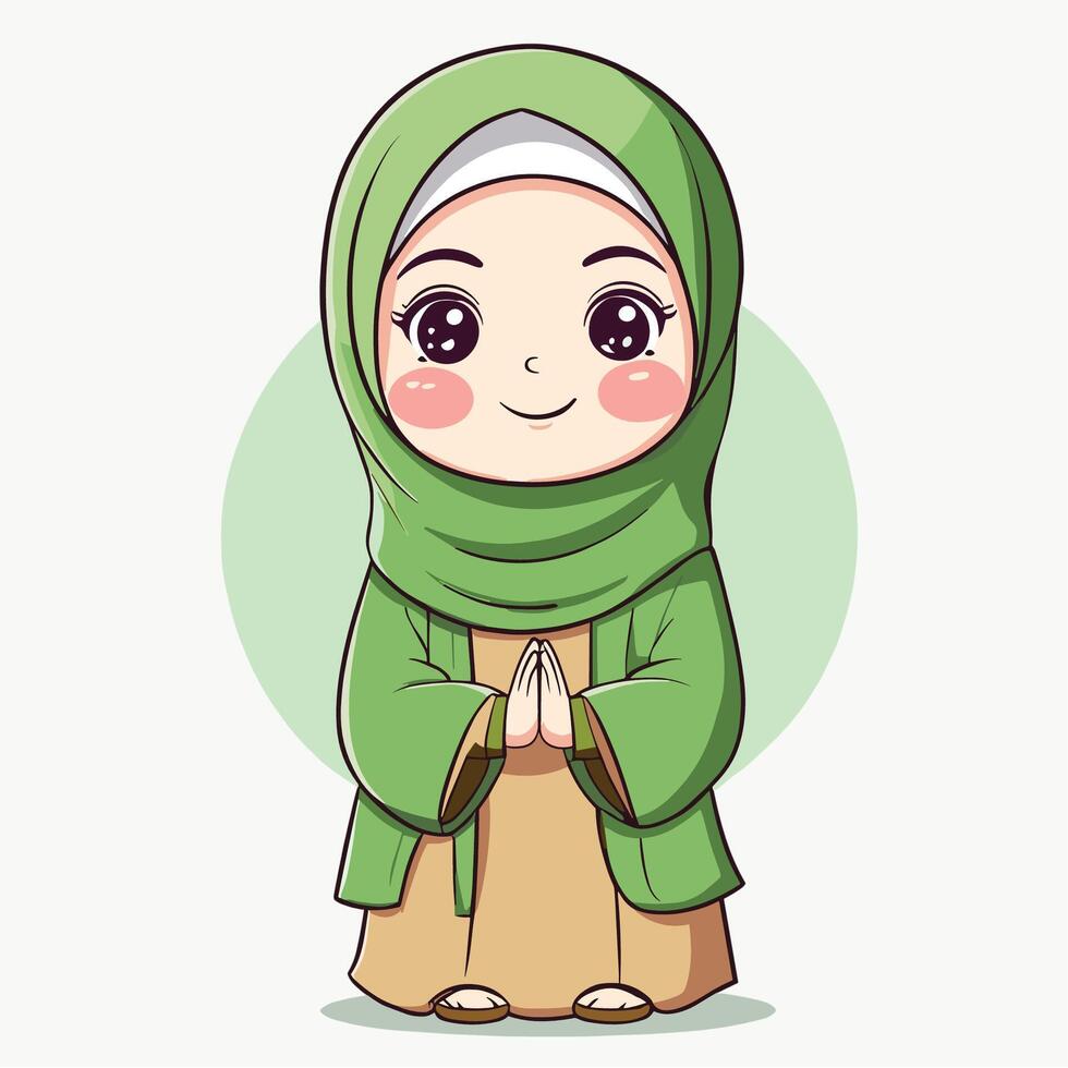 Adorable cartoon girl in a green hijab offers a friendly greeting Perfect for Eid cards or children's illustrations. vector