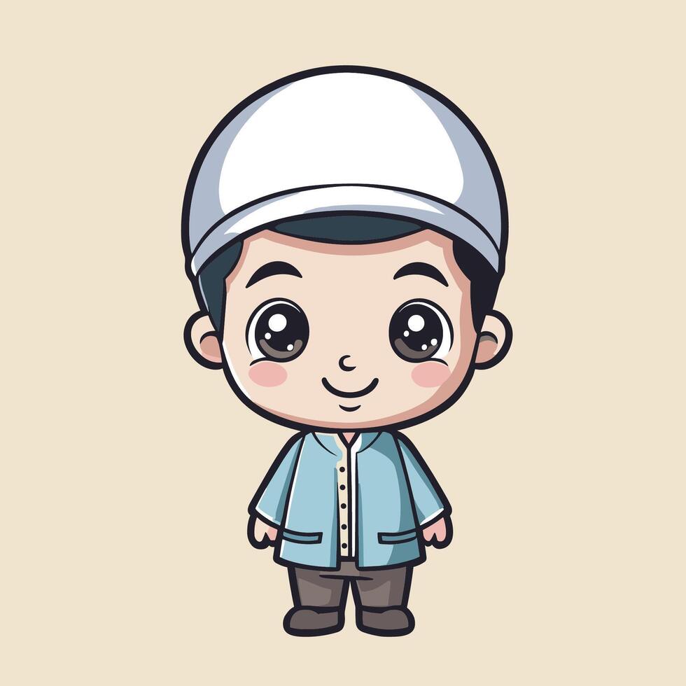 Adorable cartoon illustration of a smiling Muslim boy wearing a traditional hat and outfit Perfect for children's books or Islamic-themed projects. vector
