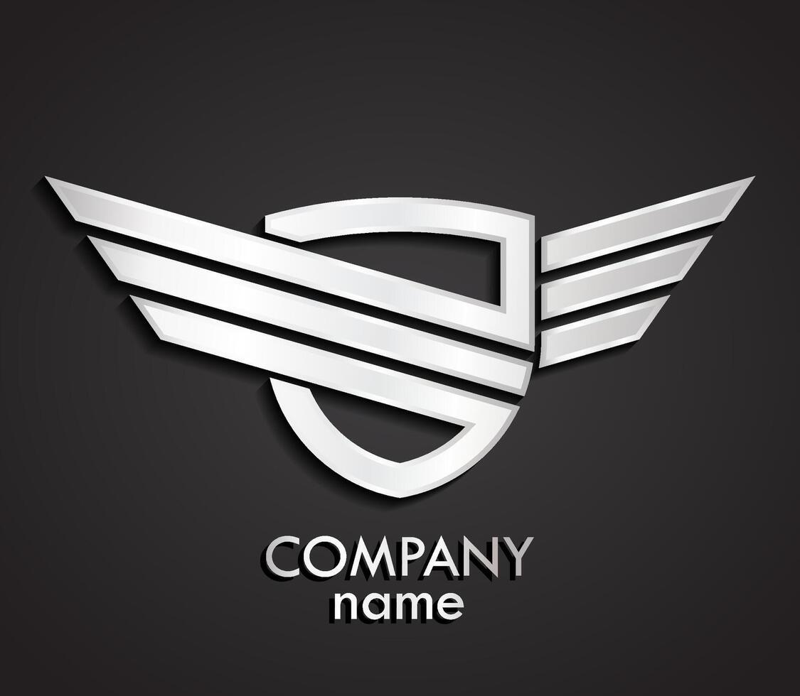 3d silver winged shield heraldry design logo vector