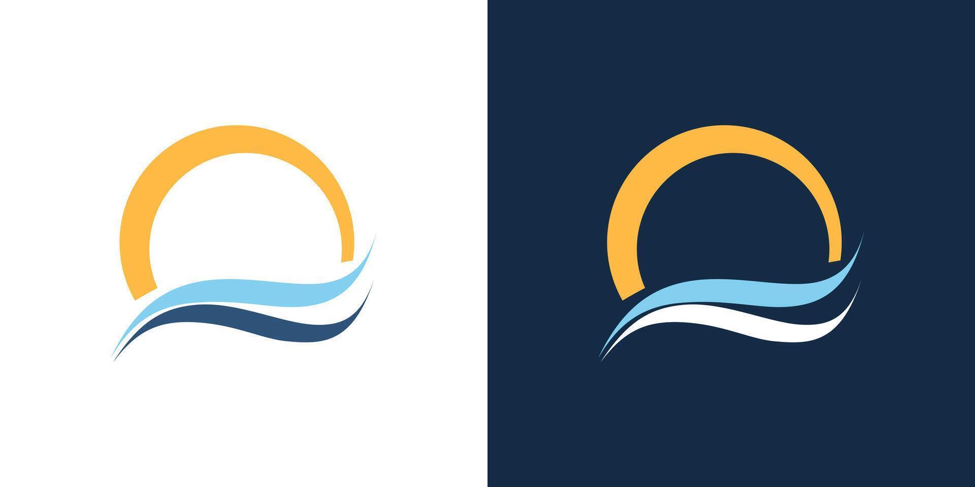 Sea wave sun circle icon logo sunset water lake ocean vector