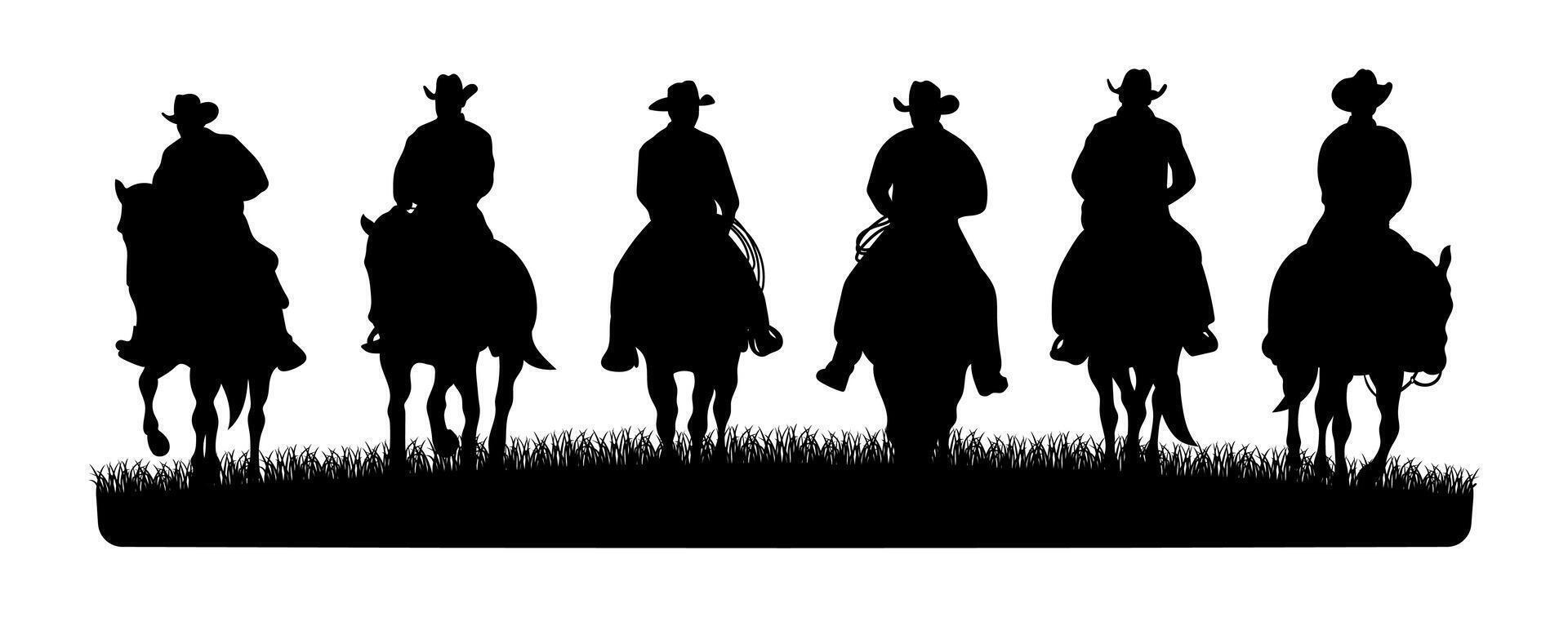 Silhouette of some cowboys riding horses in the meadow vector