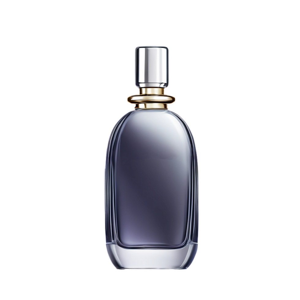 Elegant perfume bottle, deep blue-gray glass, curved silhouette, silver cap, gold accent ring, luxury fragrance, transparent background, product photography, high-end cosmetics, png